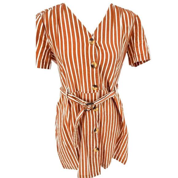 MNG Mango Rust White Vertical Stripe Button Front Belted Mini Dress Size M - Picture 3 of 10